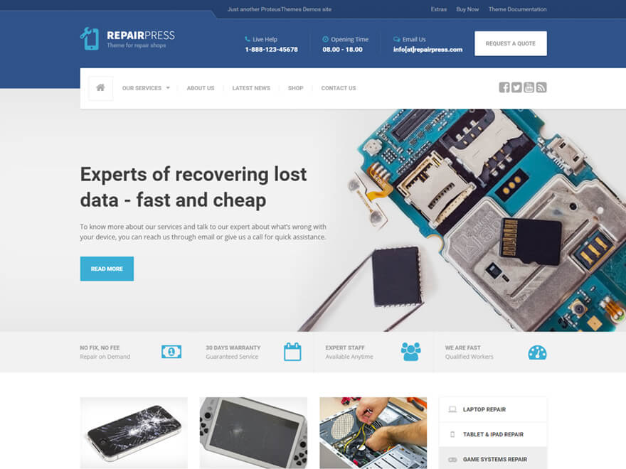ProteusThemes RepairPress – WordPress theme for electronics, mobile, and phone repair shop