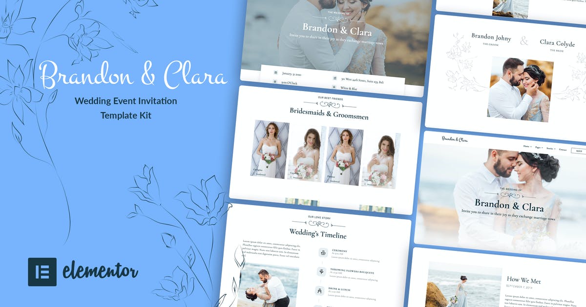 Brandon & Clara – Wedding Event Invitation Elementor Template Kit