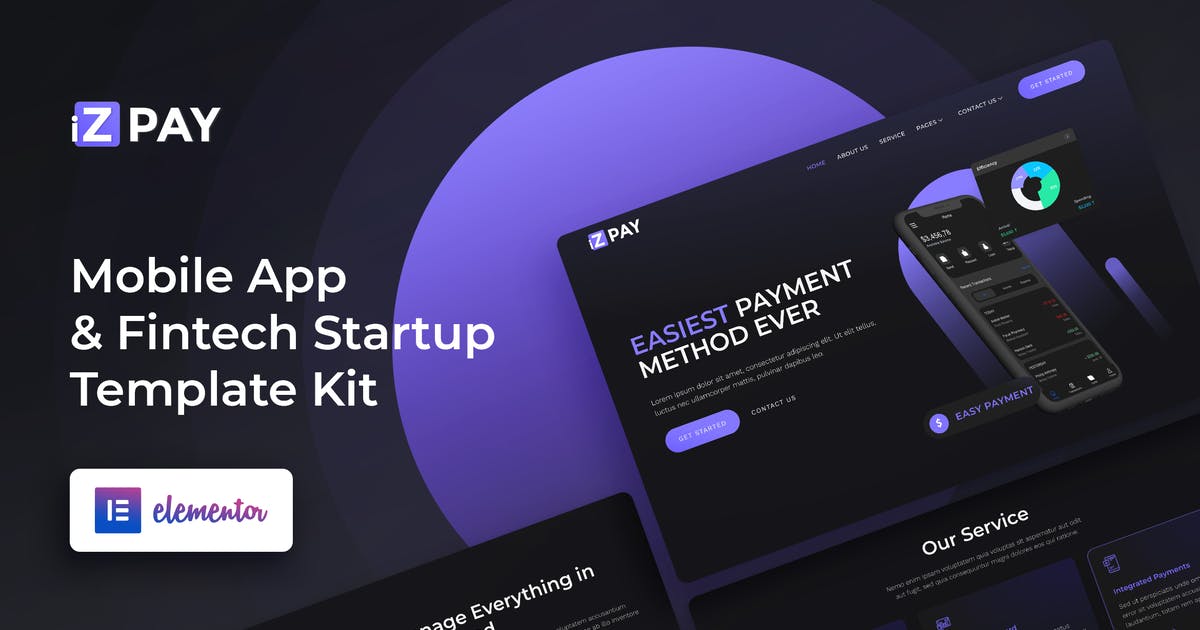 iZPAY – Mobile App & Fintech Startup Elementor Template Kit
