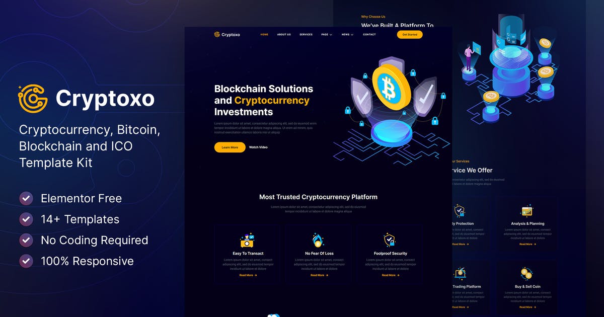 Cryptoxo – Cryptocurrency Blockchain & Bitcoin Elementor Template Kit