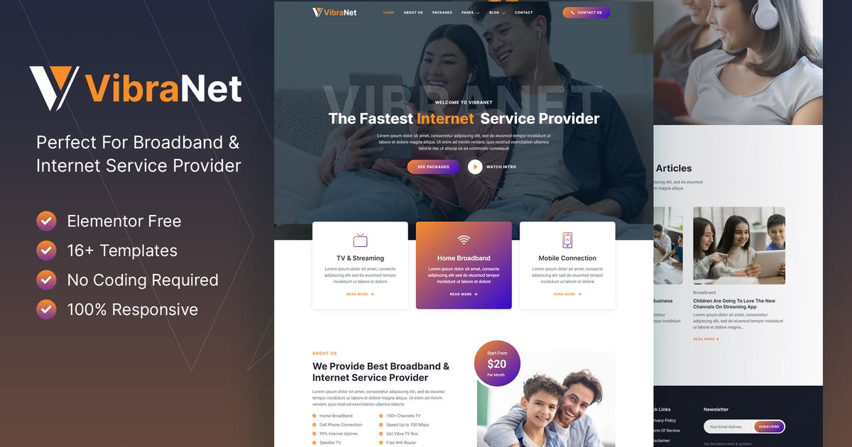 Vibranet – Broadband & Internet Service Provider Elementor Template Kit