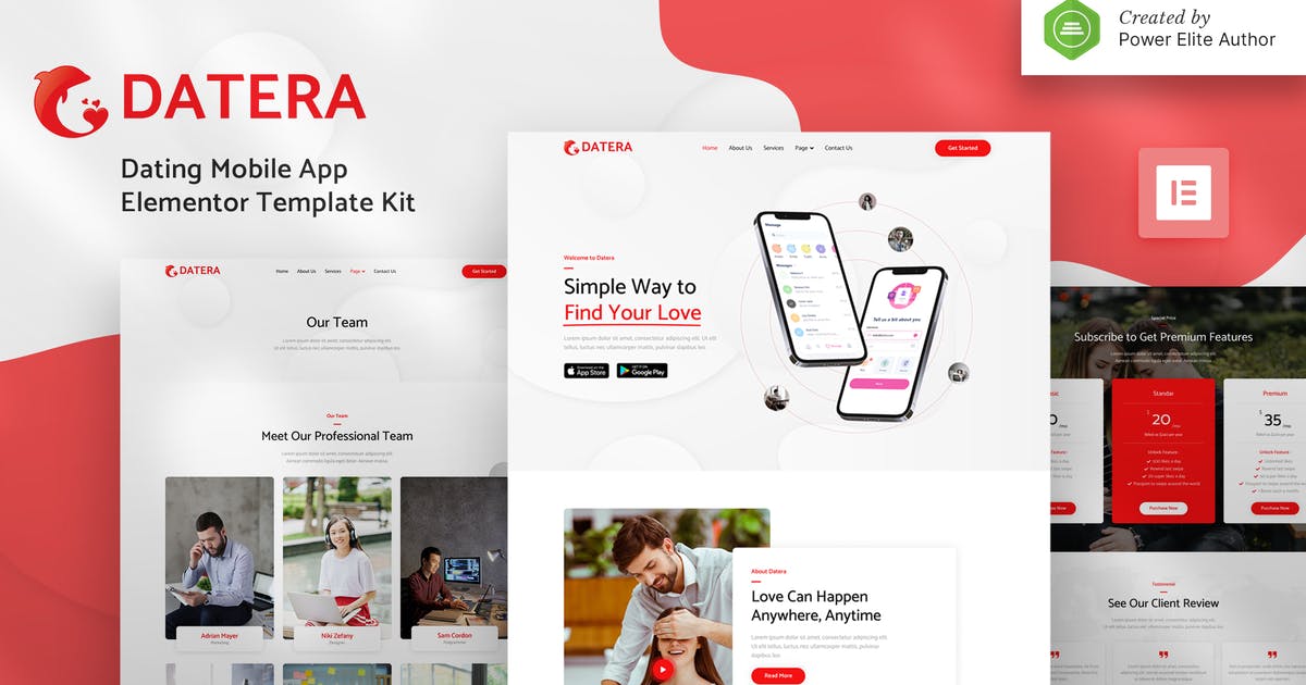 Datera – Online Dating Mobile App Landing Elementor Template Kit