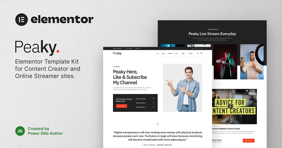 Peaky - Content Creator & Online Streamer Elementor Template Kit