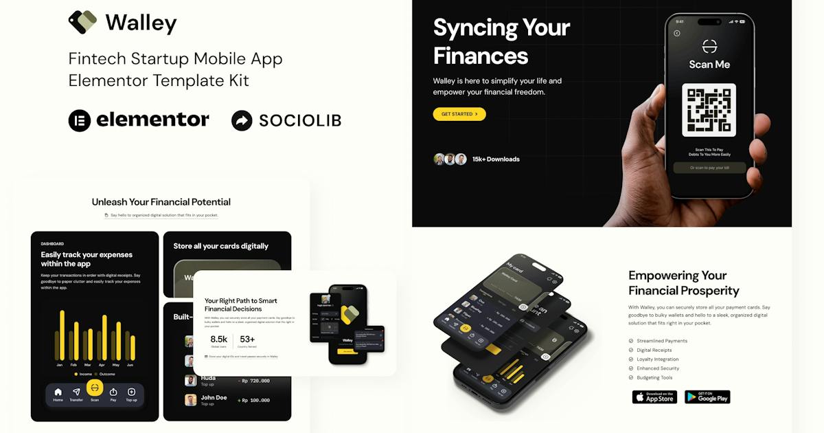 Walley – Fintech & Startup Mobile App Elementor Template Kit