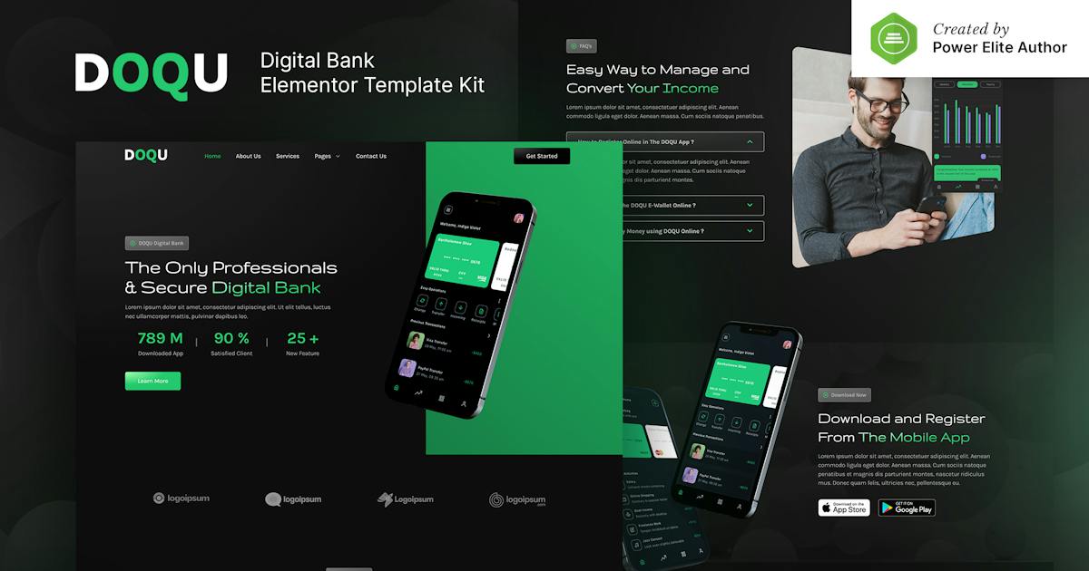 DOQU - Dark Digital Bank & E-Wallet Elementor Template Kit