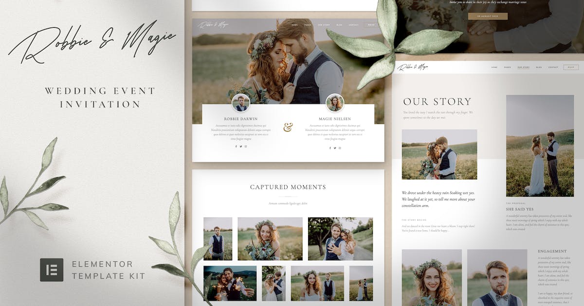 Robbie & Magie - Wedding Event Invitation Elementor Template Kit