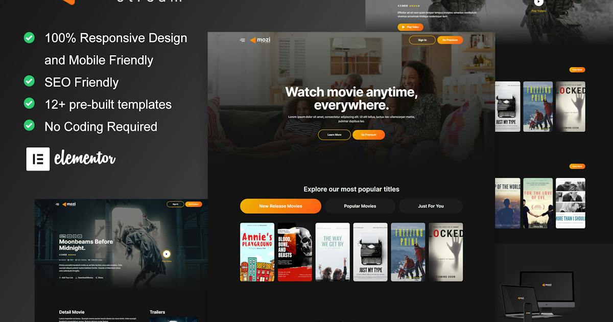 Mozi – Movie Streaming Service Elementor Template Kit