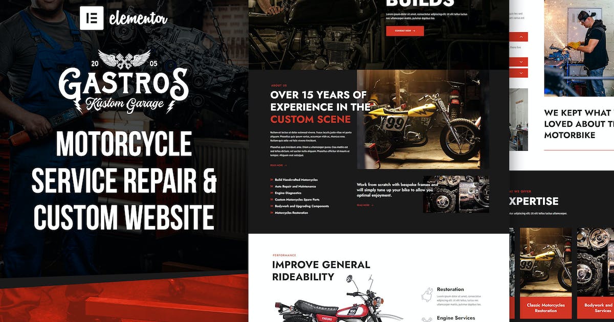 Gastros Garage – Motorcycle Service Repair Elementor Template Kit