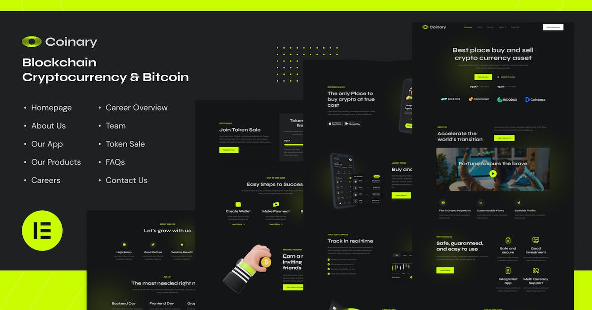 Coinary – Blockchain Cryptocurrency & Bitcoin Elementor Template Kit