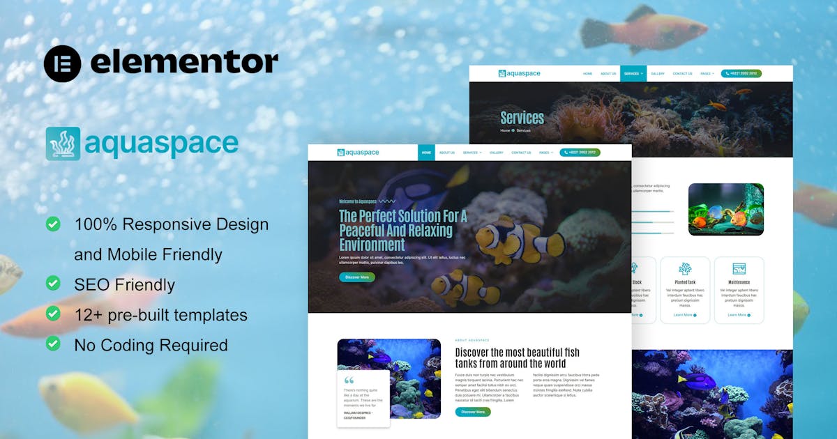 Aquaspace – Fish Aquarium & Aquascape Service Elementor Template Kit