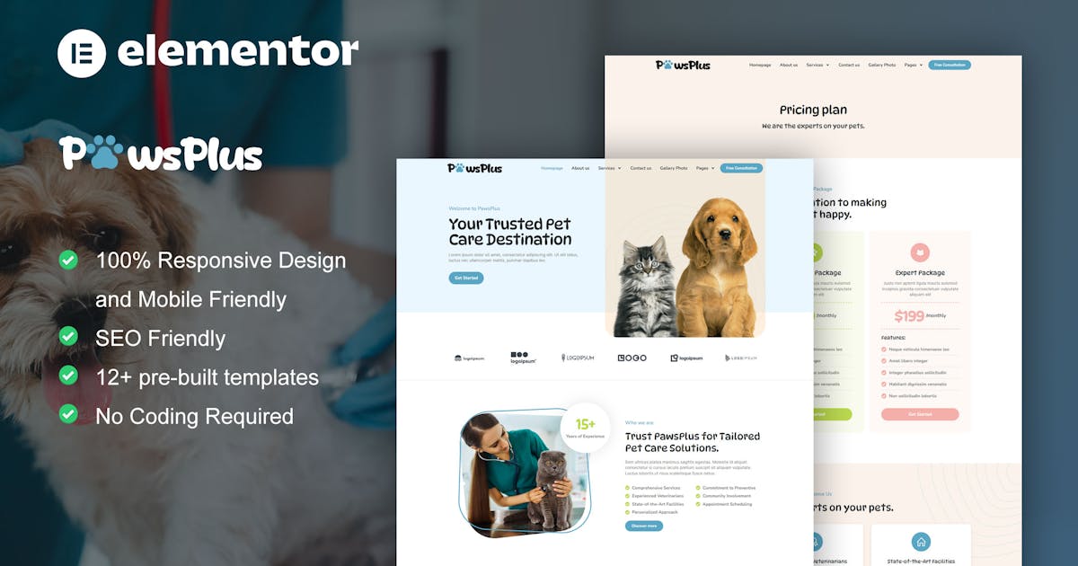 PawsPlus – Pet Care & Veterinary Elementor Template Kit