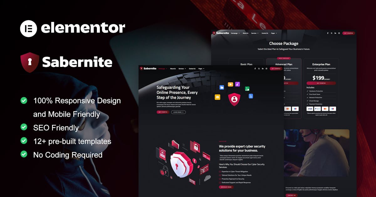 Sabernite – Cyber Security Services Elementor Pro Template Kit