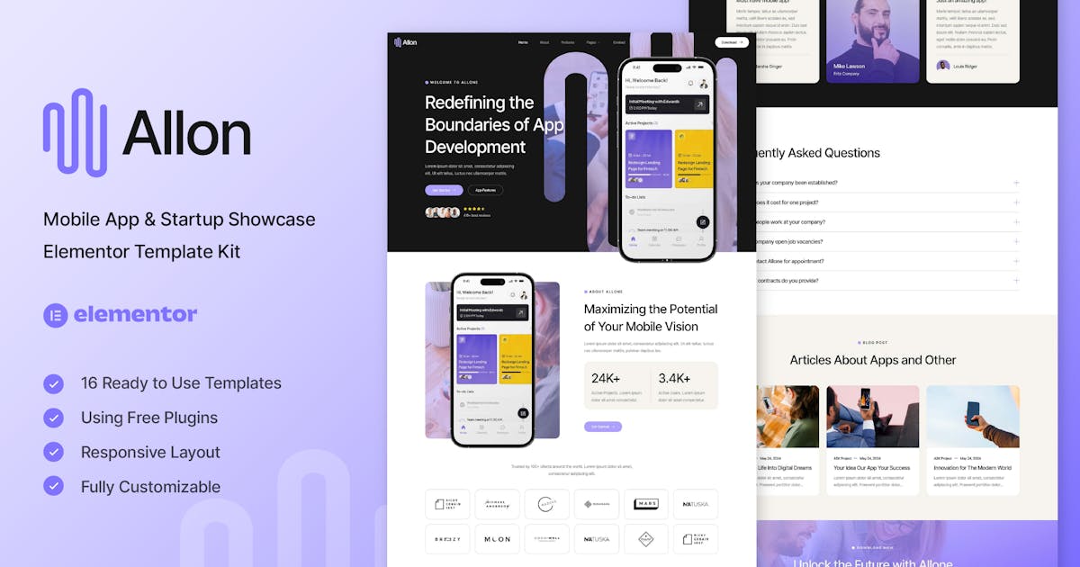 Allon – Mobile App & Startup Showcase Elementor Template Kit