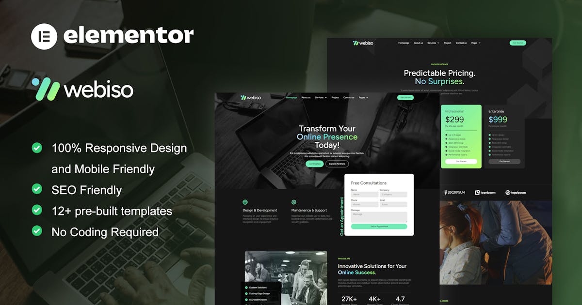 Webiso – Dark Digital Agency Elementor Template Kit