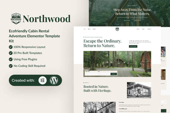 Download Northwood – Eco-Friendly Cabin Rental Adventure Elementor Template Kit