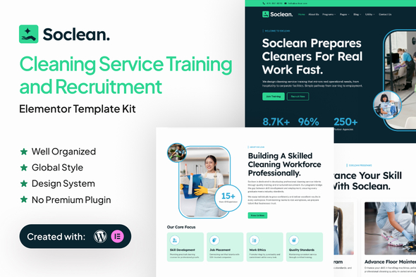 Soclean – Cleaning Service Training and Recruitment Elementor Template Kit