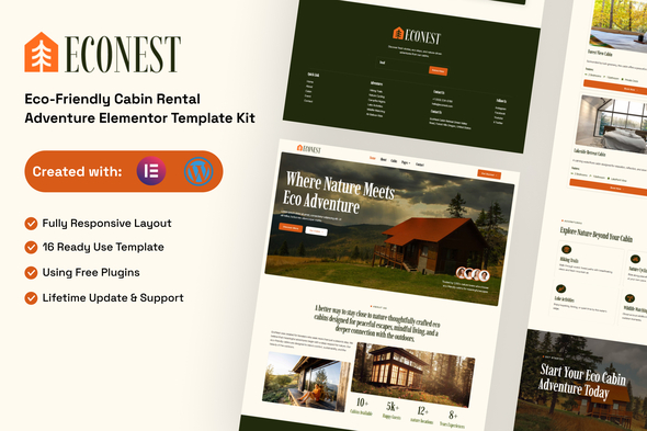Download Econest – Eco-Friendly Cabin Rental Adventure Elementor Template Kit